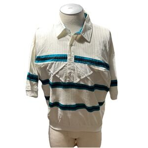 Alexxus Exclusive Mens Short Sleeve Half Button Shirt White Teal Stripe Large